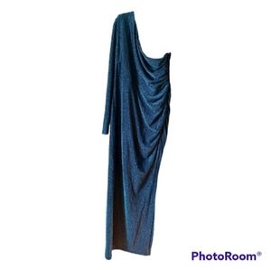 Blue dress, long with shimmer and  one shoulder, side zipper with slit on side.